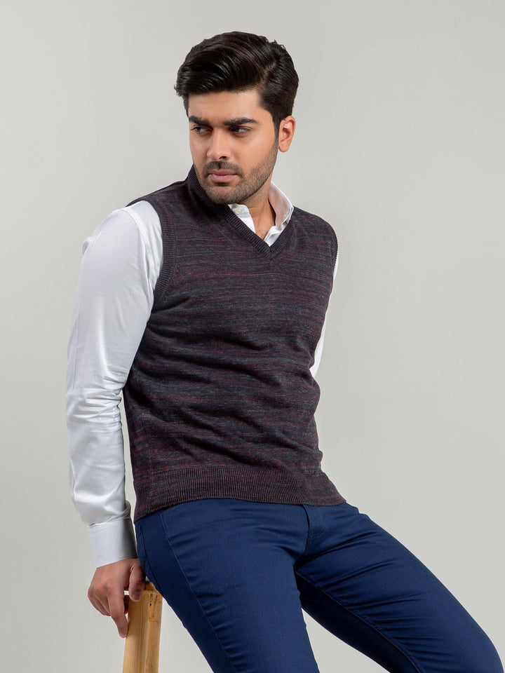 Charcoal Patterned Sleeveless V-Neck Sweater Brumano Pakistan