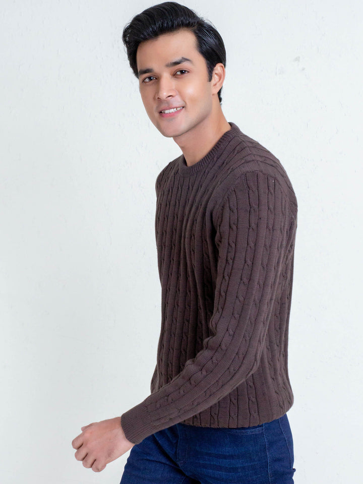 Classic Brown Cable Knit Crew Neck Sweater Brumano Pakistan