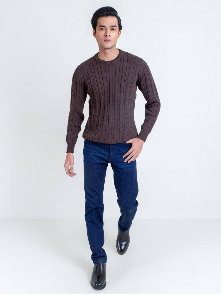 Classic Brown Cable Knit Crew Neck Sweater Brumano Pakistan