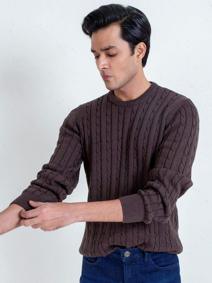 Classic Brown Cable Knit Crew Neck Sweater Brumano Pakistan
