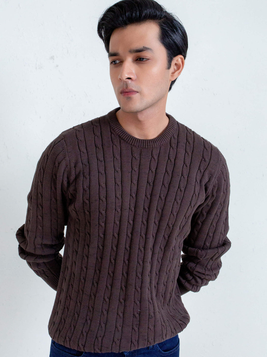 Classic Brown Cable Knit Crew Neck Sweater Brumano Pakistan