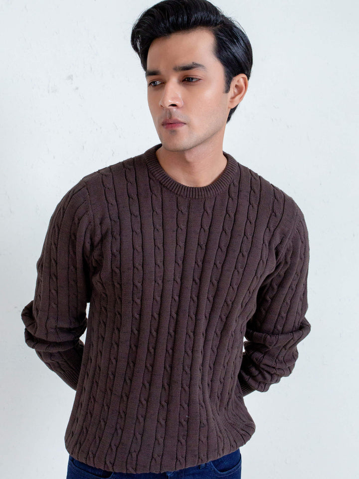 Classic Brown Cable Knit Crew Neck Sweater Brumano Pakistan