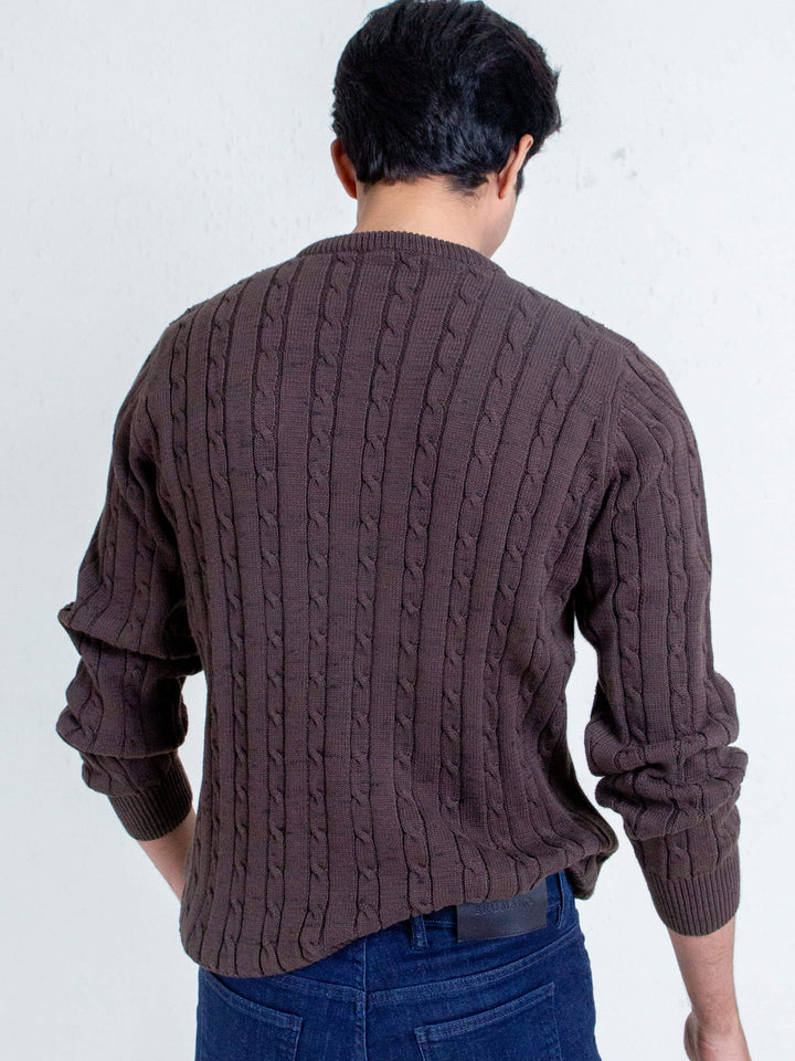 Classic Brown Cable Knit Crew Neck Sweater Brumano Pakistan