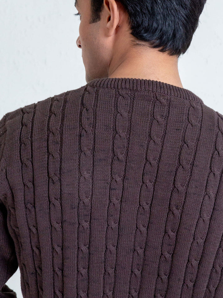 Classic Brown Cable Knit Crew Neck Sweater Brumano Pakistan