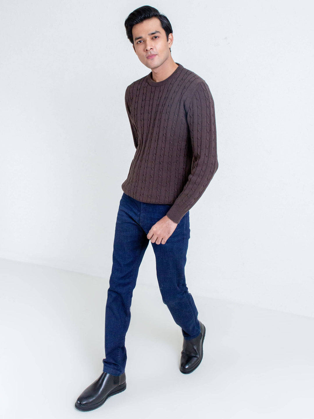 Classic Brown Cable Knit Crew Neck Sweater Brumano Pakistan