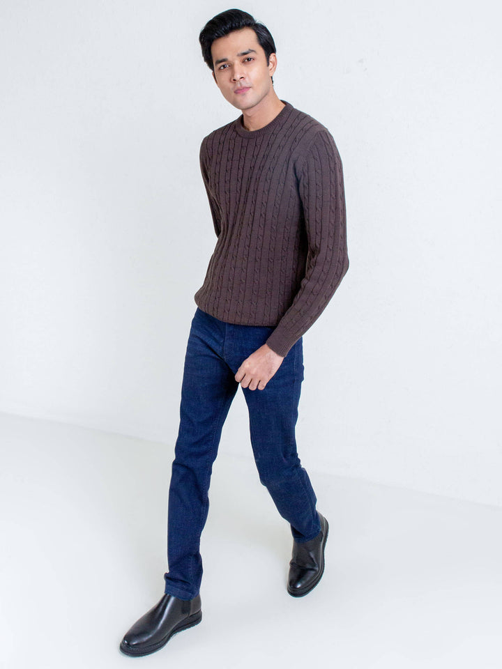 Classic Brown Cable Knit Crew Neck Sweater Brumano Pakistan