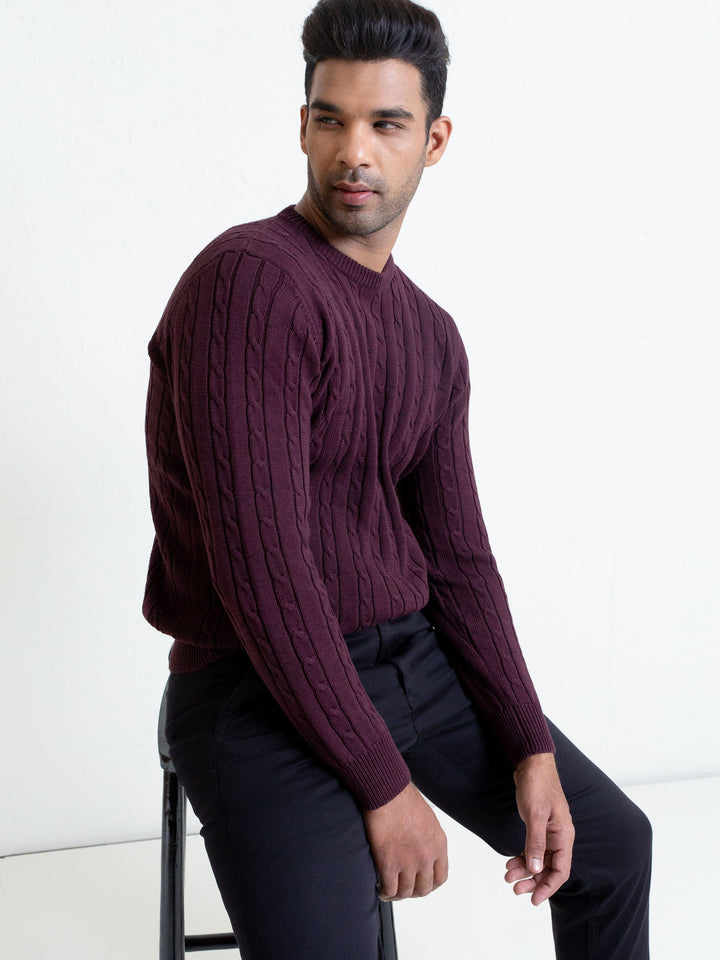 Classic Burgundy Cable Knit Crew Neck Sweater Brumano Pakistan
