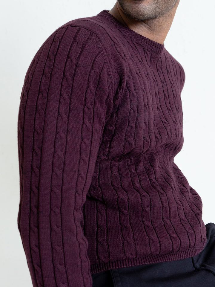 Classic Burgundy Cable Knit Crew Neck Sweater Brumano Pakistan