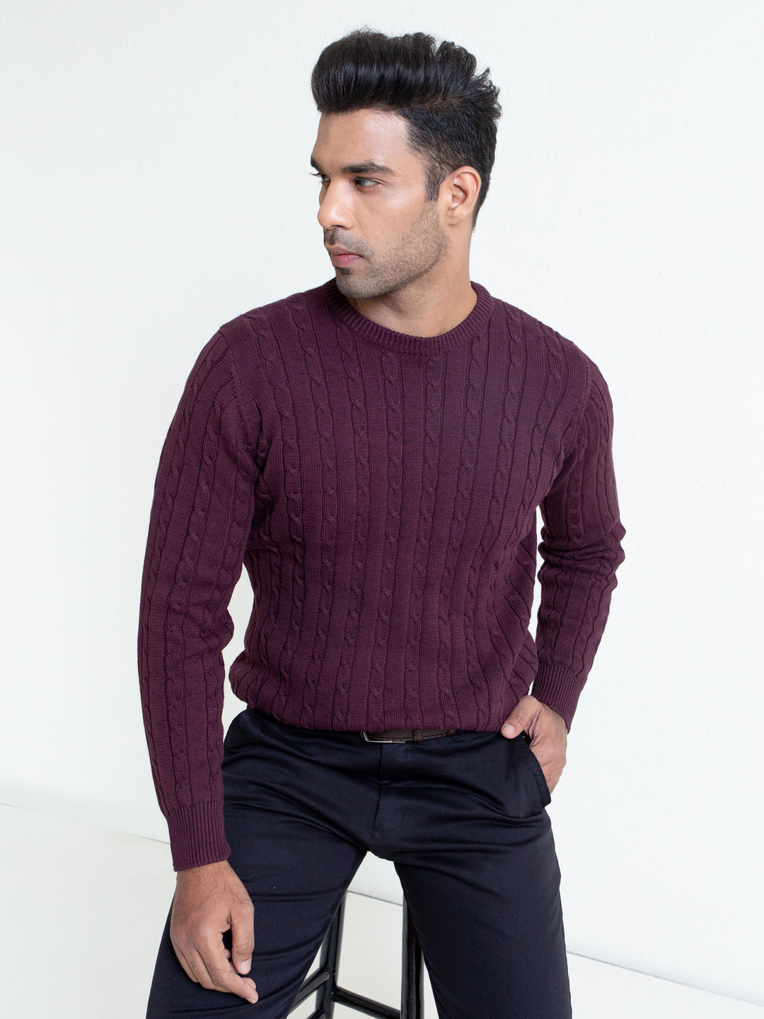 Classic Burgundy Cable Knit Crew Neck Sweater Brumano Pakistan