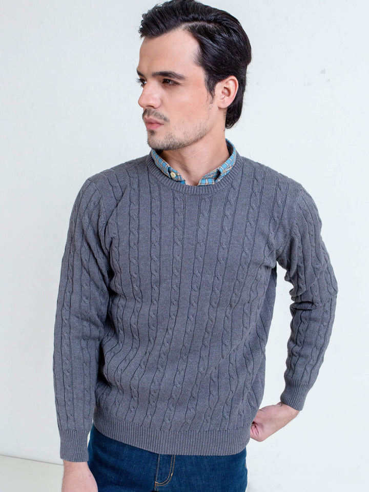 Classic Grey Cable Knit Crew Neck Sweater Brumano Pakistan