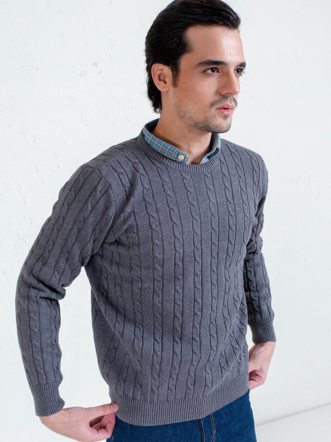 Classic Grey Cable Knit Crew Neck Sweater Brumano Pakistan