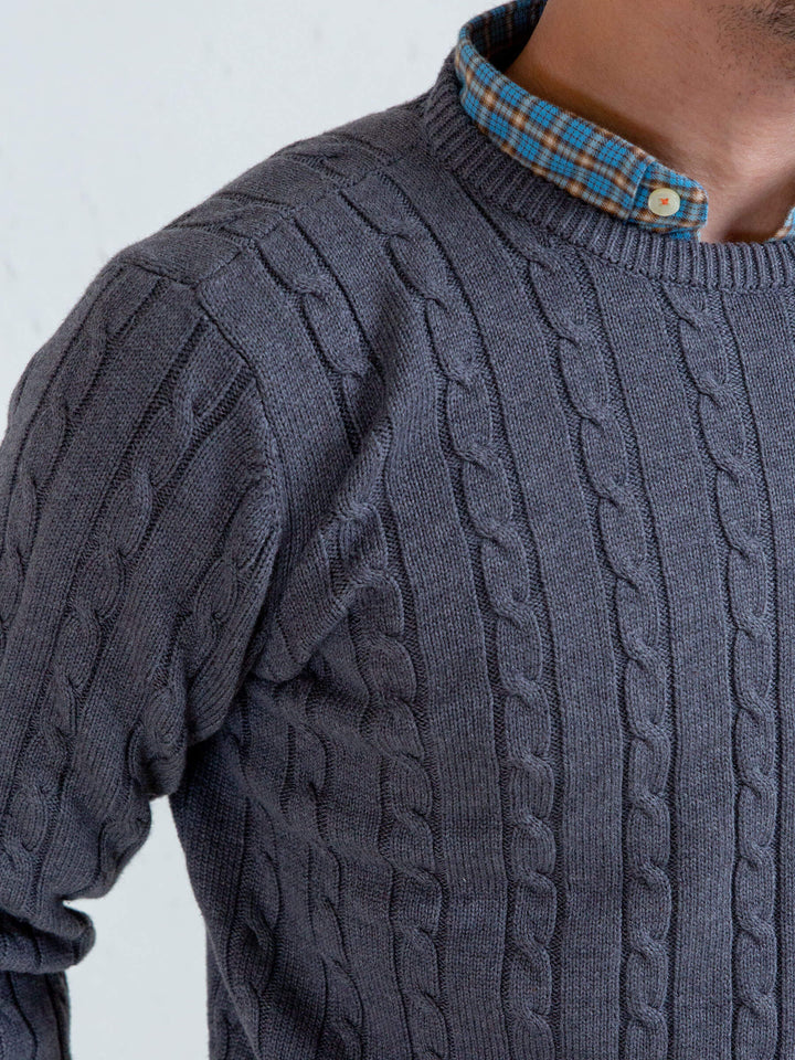 Classic Grey Cable Knit Crew Neck Sweater Brumano Pakistan