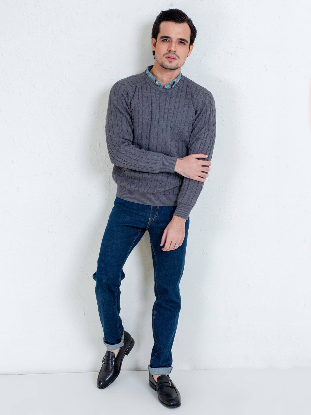 Classic Grey Cable Knit Crew Neck Sweater Brumano Pakistan