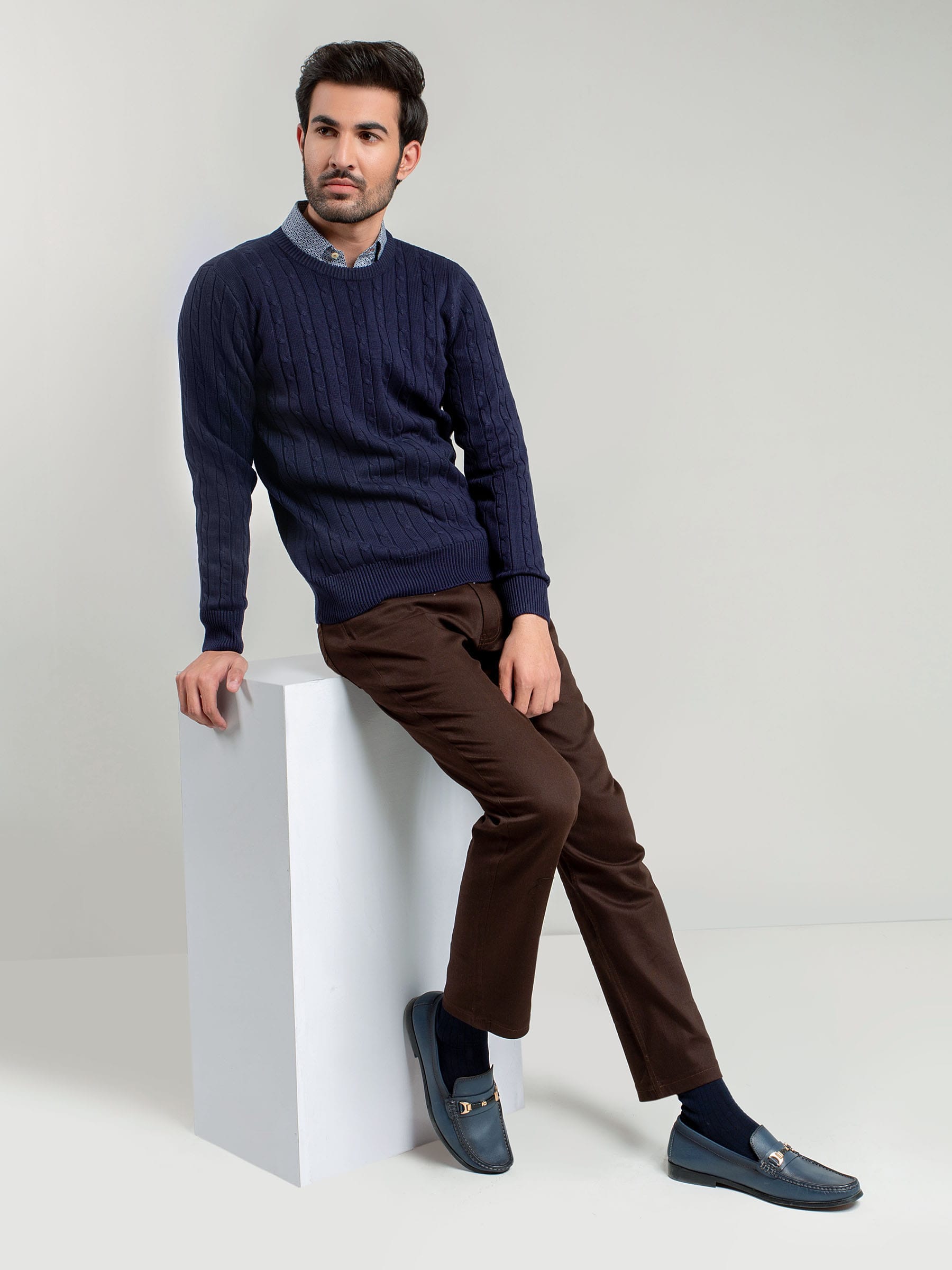 Classic Navy Cable Knit Crew Neck Sweater Brumano