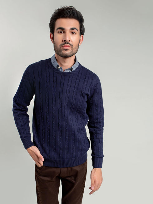 Classic Navy Cable Knit Crew Neck Sweater Brumano Pakistan