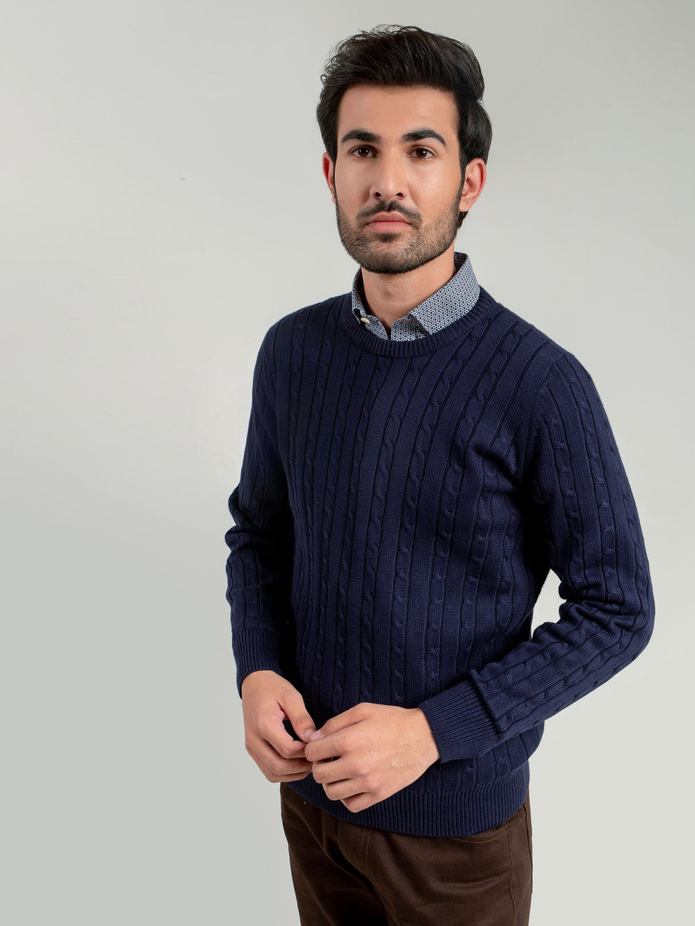 Classic navy cable knit crew neck sweater brumano pakistan