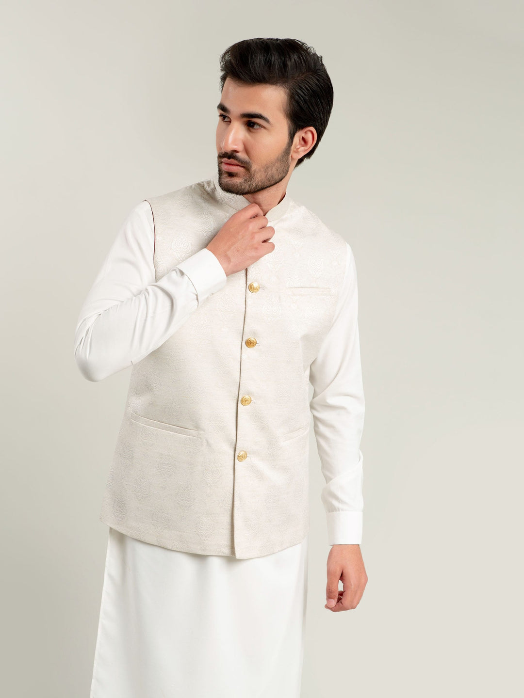 Cream Jacquard Waistcoat Brumano Pakistan