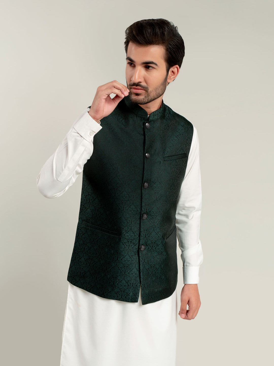 Dark Green Jacquard Waistcoat Brumano Pakistan