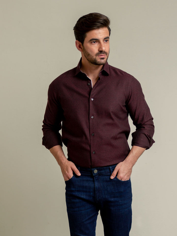 Dark Maroon Herringbone Pattern Formal Shirt Brumano Pakistan