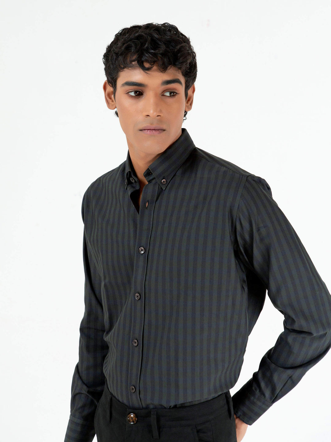 Dark Green & Black Striped Button Down Shirt Brumano Pakistan