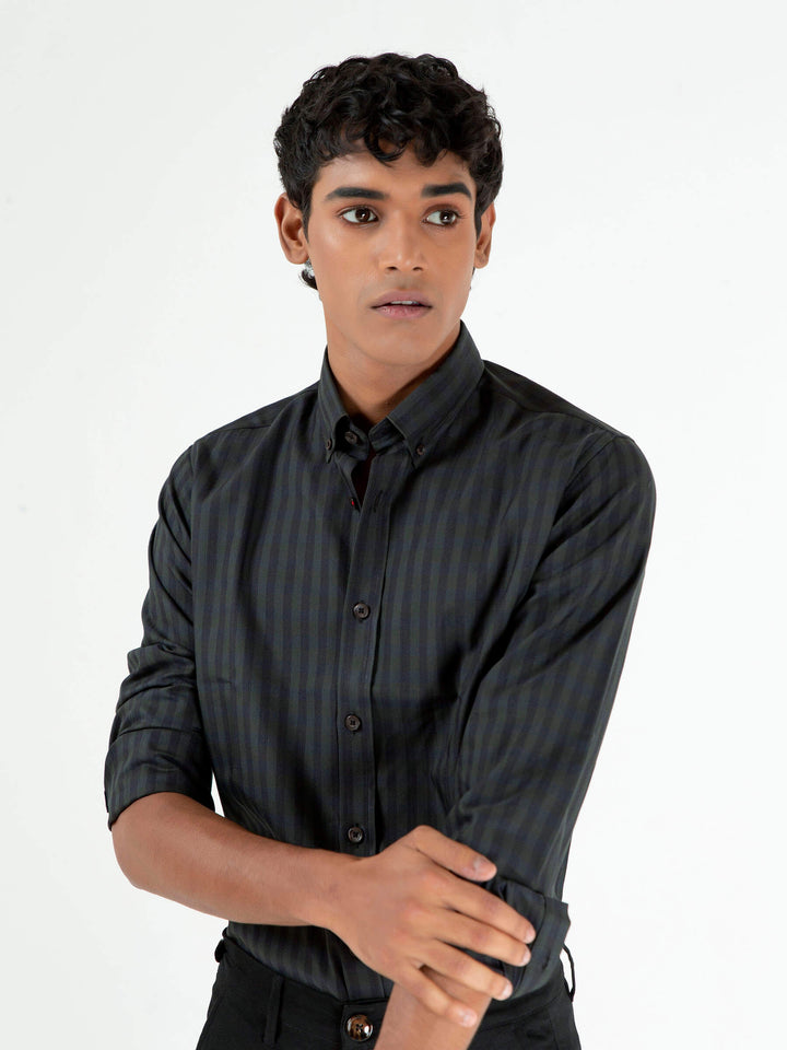 Dark Green & Black Striped Button Down Shirt Brumano Pakistan