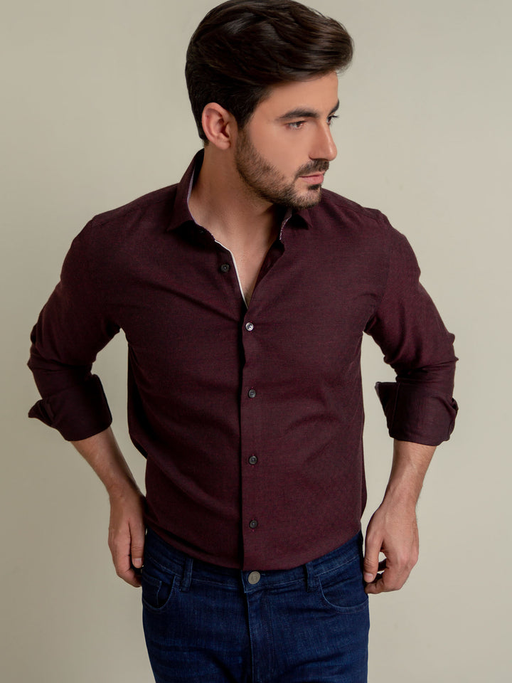 Dark Maroon Herringbone Pattern Formal Shirt Brumano Pakistan
