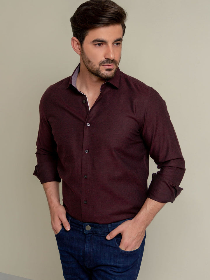 Dark Maroon Herringbone Pattern Formal Shirt Brumano Pakistan