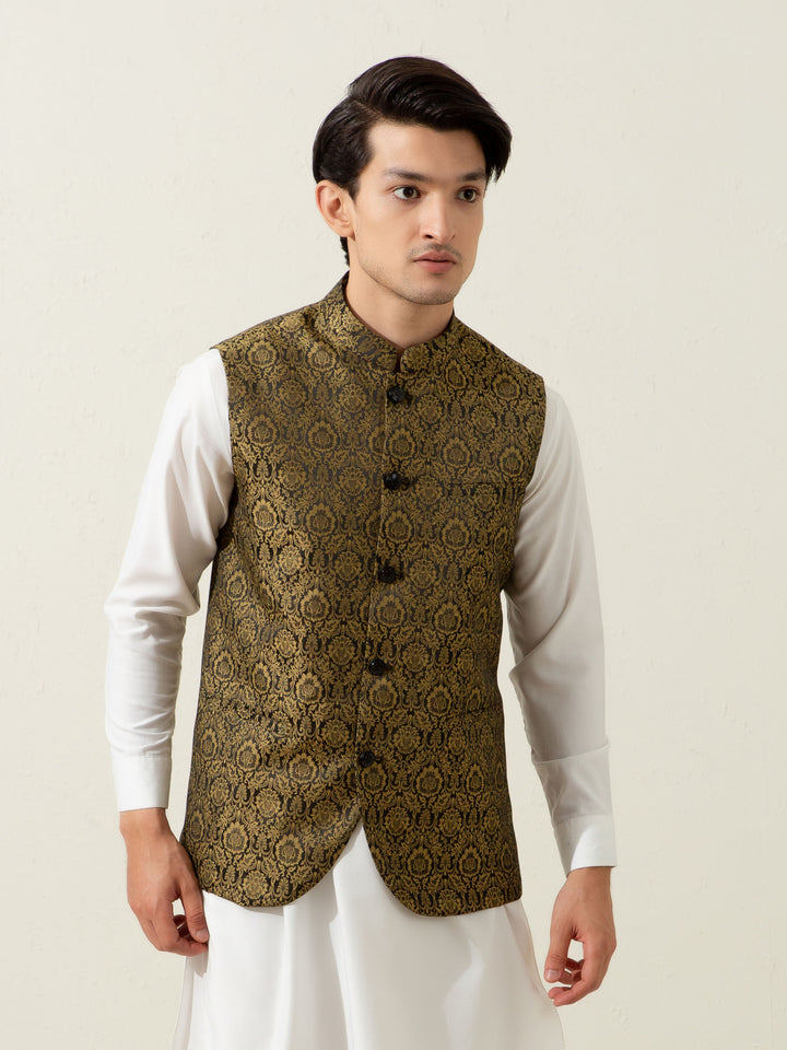Golden & Black Floral Patterned Waistcoat Brumano Pakistan
