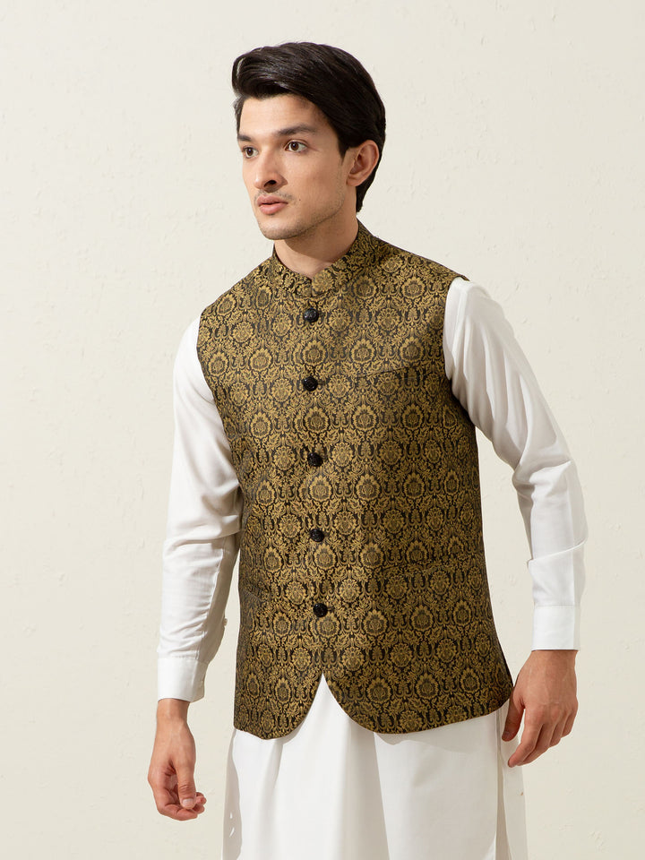 Golden & Black Floral Patterned Waistcoat Brumano Pakistan