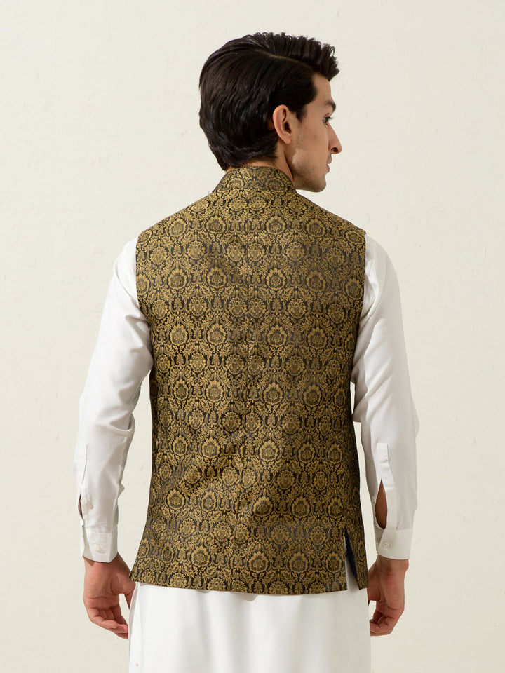 Golden & Black Floral Patterned Waistcoat Brumano Pakistan