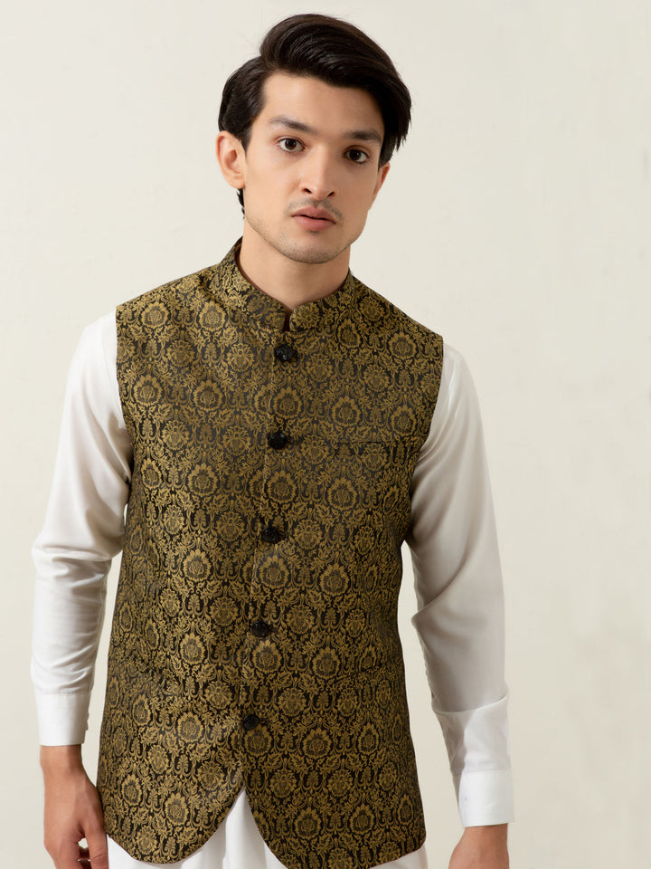Golden & Black Floral Patterned Waistcoat Brumano Pakistan