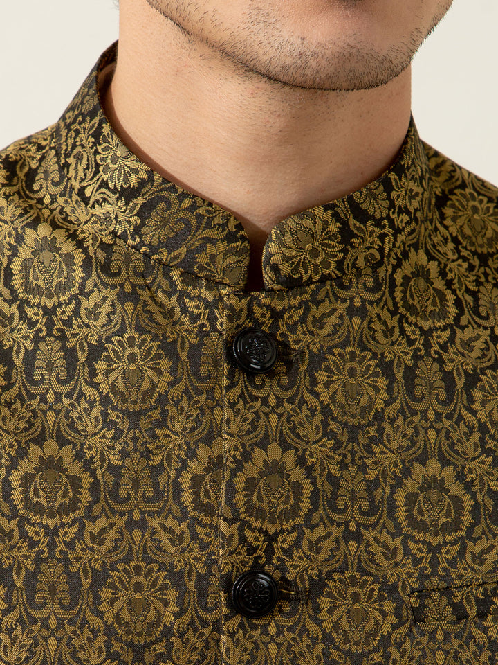 Golden & Black Floral Patterned Waistcoat Brumano Pakistan