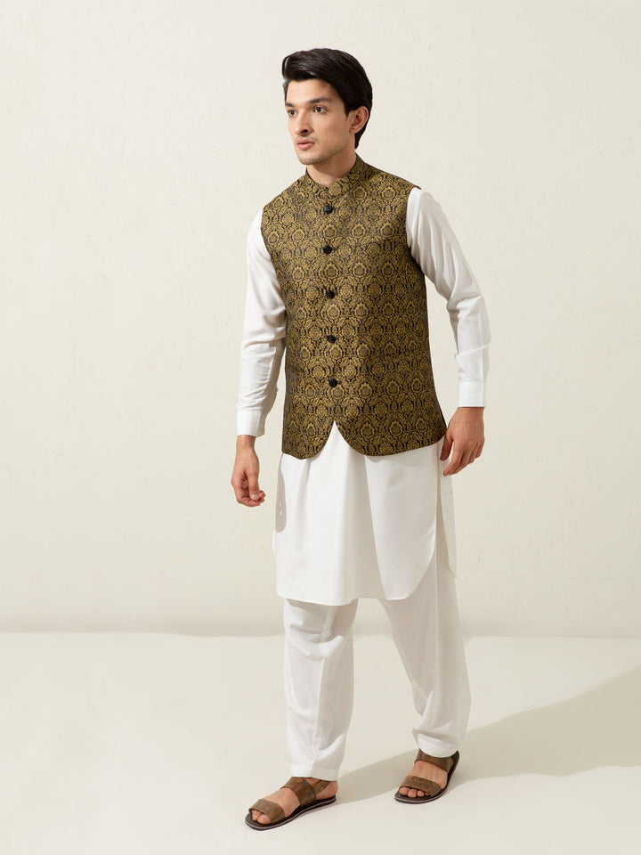 Golden & Black Floral Patterned Waistcoat Brumano Pakistan