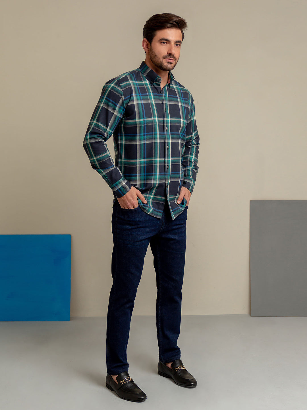 Green & Navy Blue & Checkered Shirt Brumano Pakistan