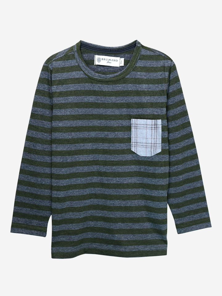 Green Striped Full Sleeve T-Shirt With Contrasting Pocket Brumano Pakistan