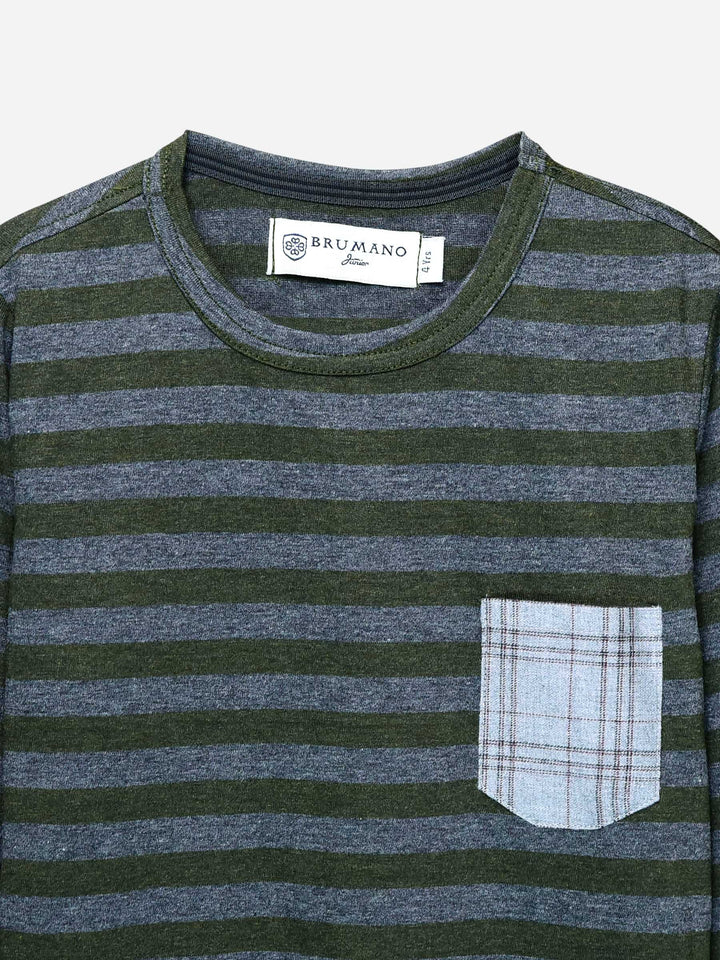 Green Striped Full Sleeve T-Shirt With Contrasting Pocket Brumano Pakistan