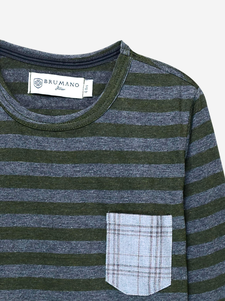 Green Striped Full Sleeve T-Shirt With Contrasting Pocket Brumano Pakistan