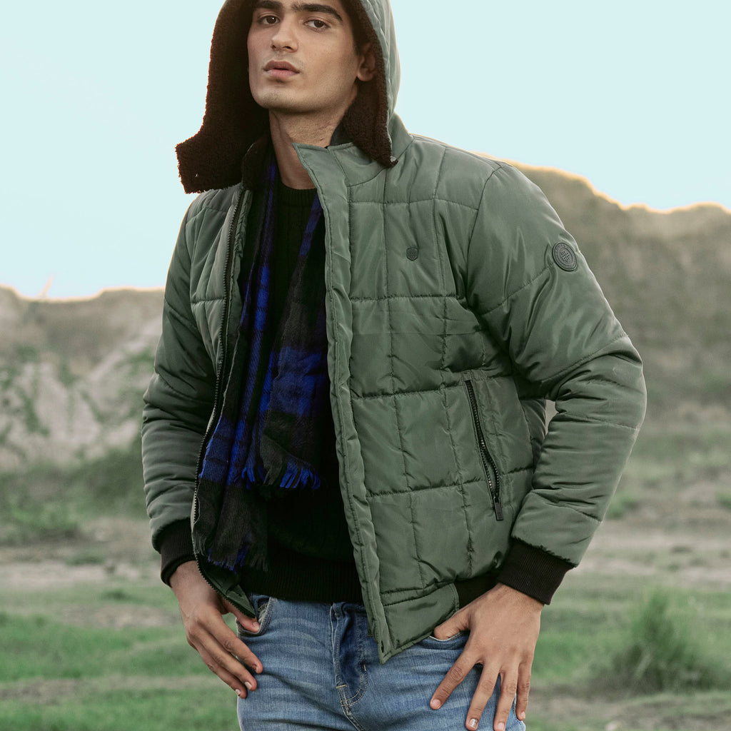 Green Quilted Puffer Jacket With Detachable Hoodie – Brumano