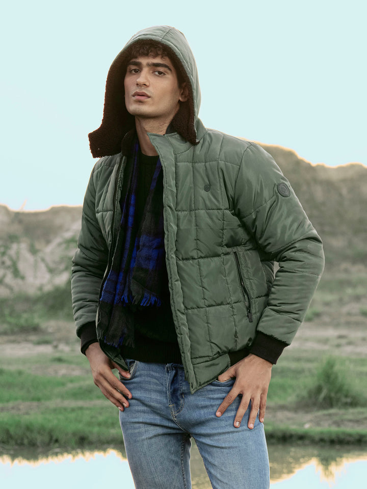 Green Quilted Puffer Jacket With Detachable Hoodie Brumano Pakistan