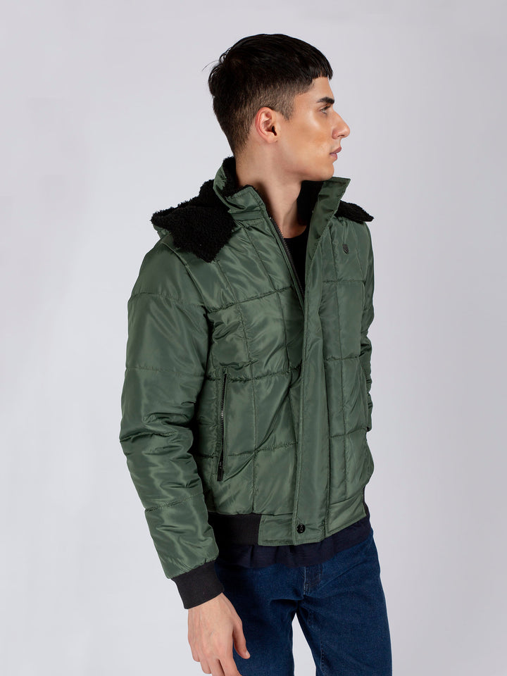 Green Quilted Puffer Jacket With Detachable Hoodie Brumano Pakistan