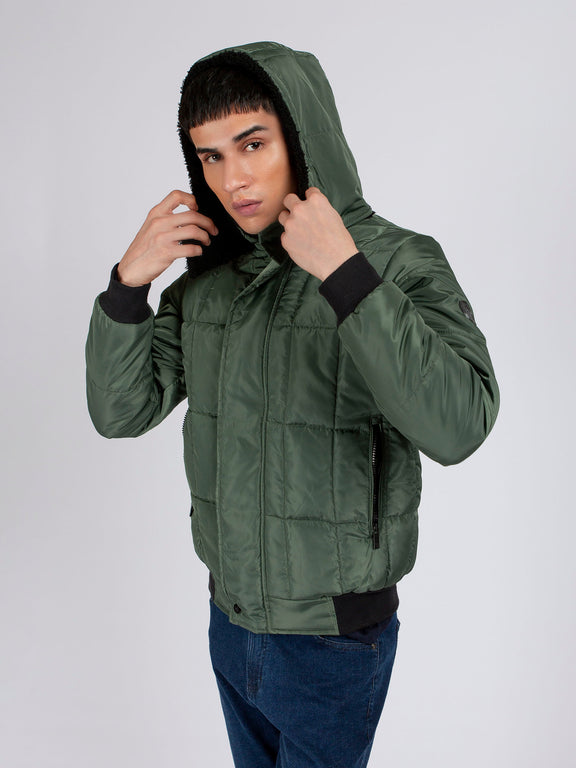 Green Quilted Puffer Jacket With Detachable Hoodie – Brumano