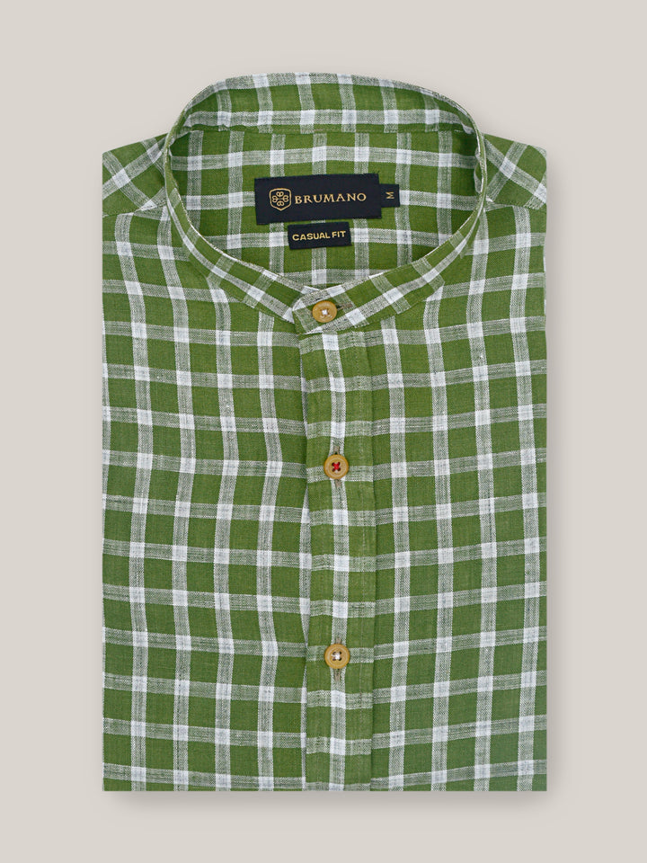 Green & White Linen Mao Collar Shirt Brumano Pakistan