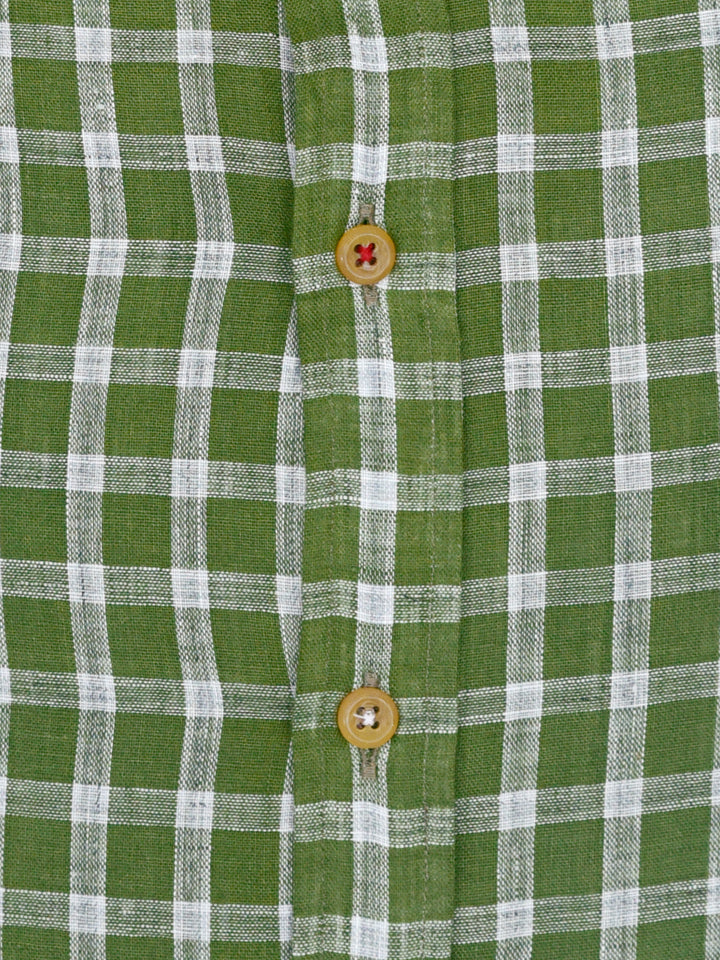 Green & White Linen Mao Collar Shirt