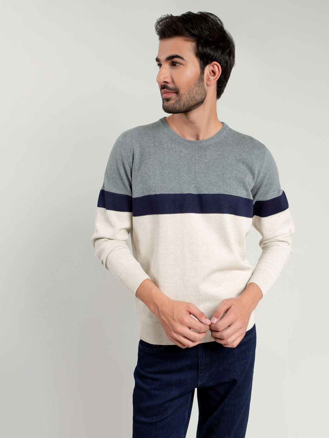 Grey & Beige Striped Crew Neck Sweater Brumano Pakistan