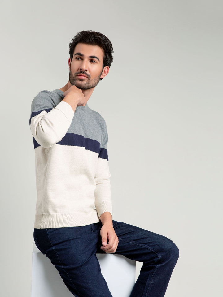 Grey & Beige Striped Crew Neck Sweater Brumano Pakistan