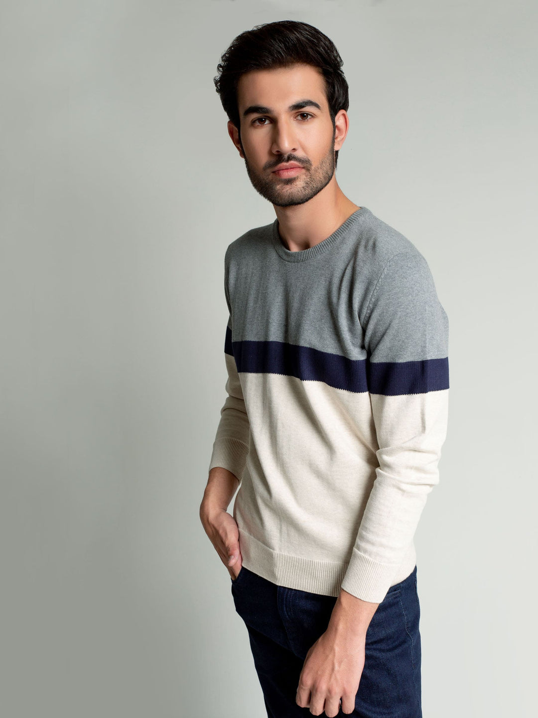 Grey & Beige Striped Crew Neck Sweater Brumano Pakistan