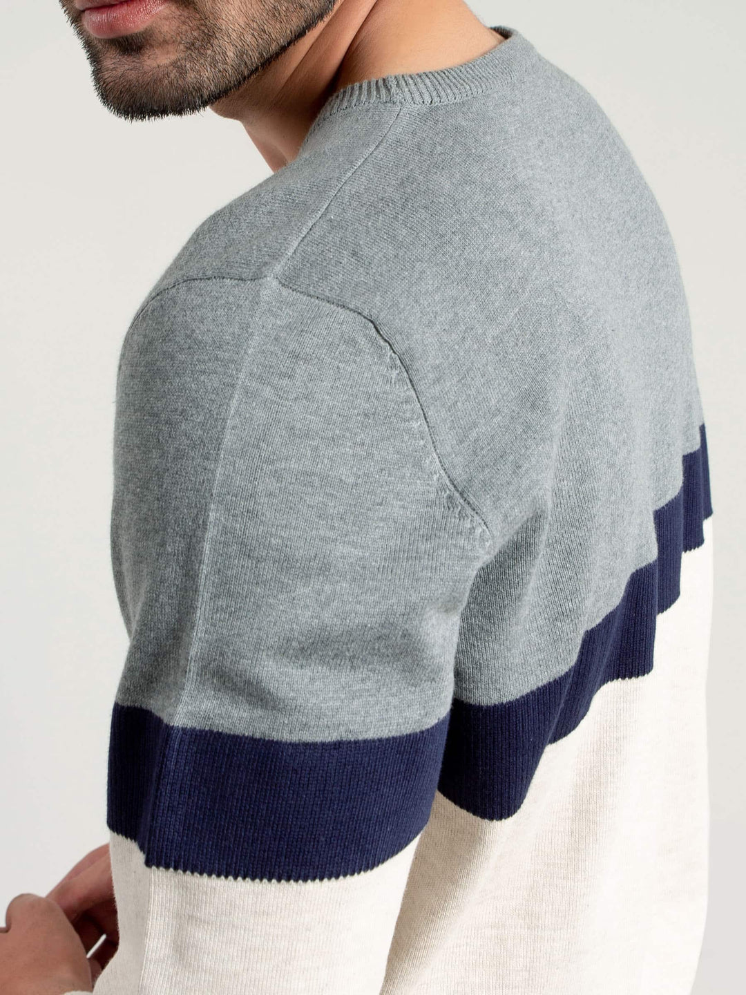 Grey & Beige Striped Crew Neck Sweater Brumano Pakistan