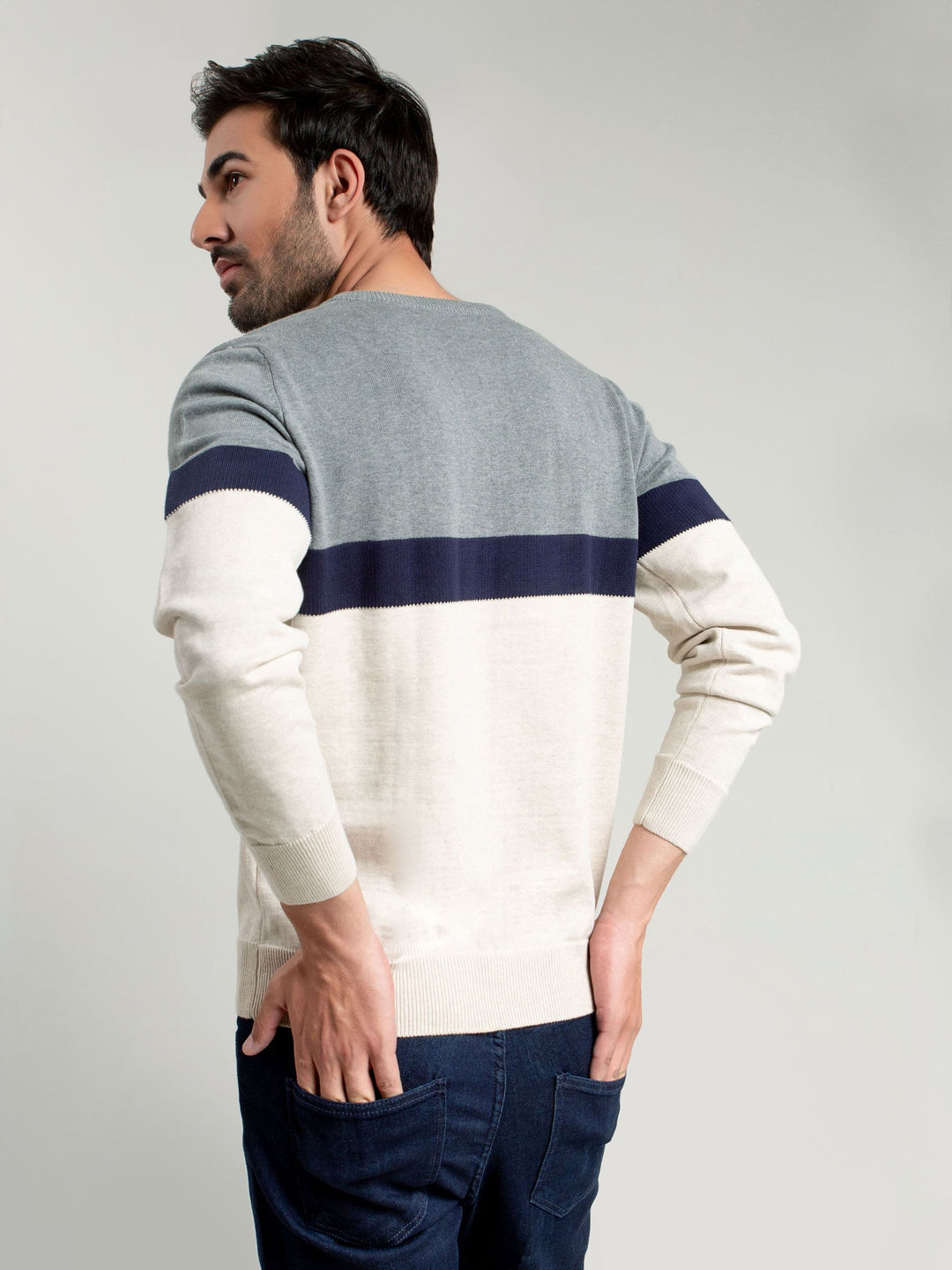 Grey & Beige Striped Crew Neck Sweater Brumano Pakistan