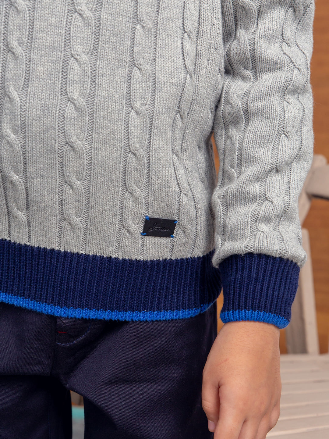 Grey Cable Knitted Mock Neck Casual Sweater Brumano Pakistan