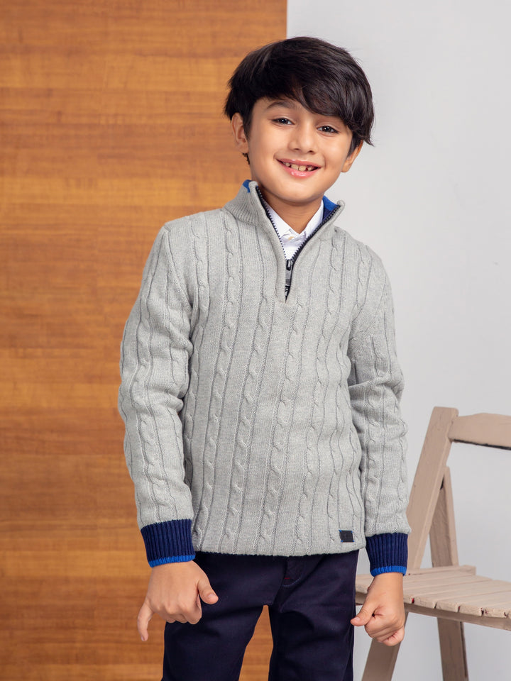 Grey Cable Knitted Mock Neck Casual Sweater Brumano Pakistan